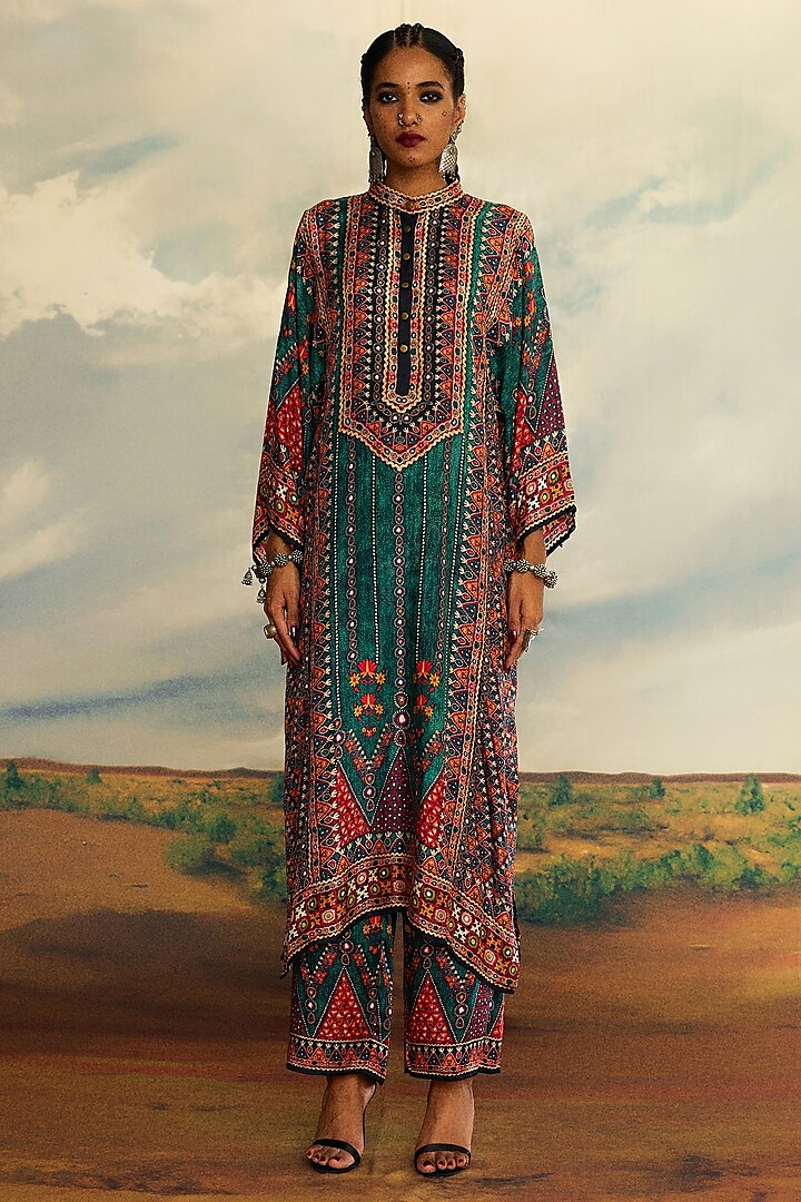 Teal Silk Printed Tunic by Rajdeep Ranawat