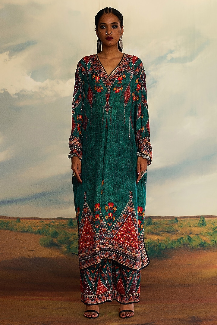 Teal Silk Printed Long A-line Dress by Rajdeep Ranawat at Pernia's Pop Up Shop