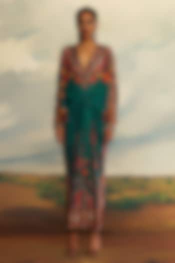 Teal Silk Printed Kaftan by Rajdeep Ranawat at Pernia's Pop Up Shop