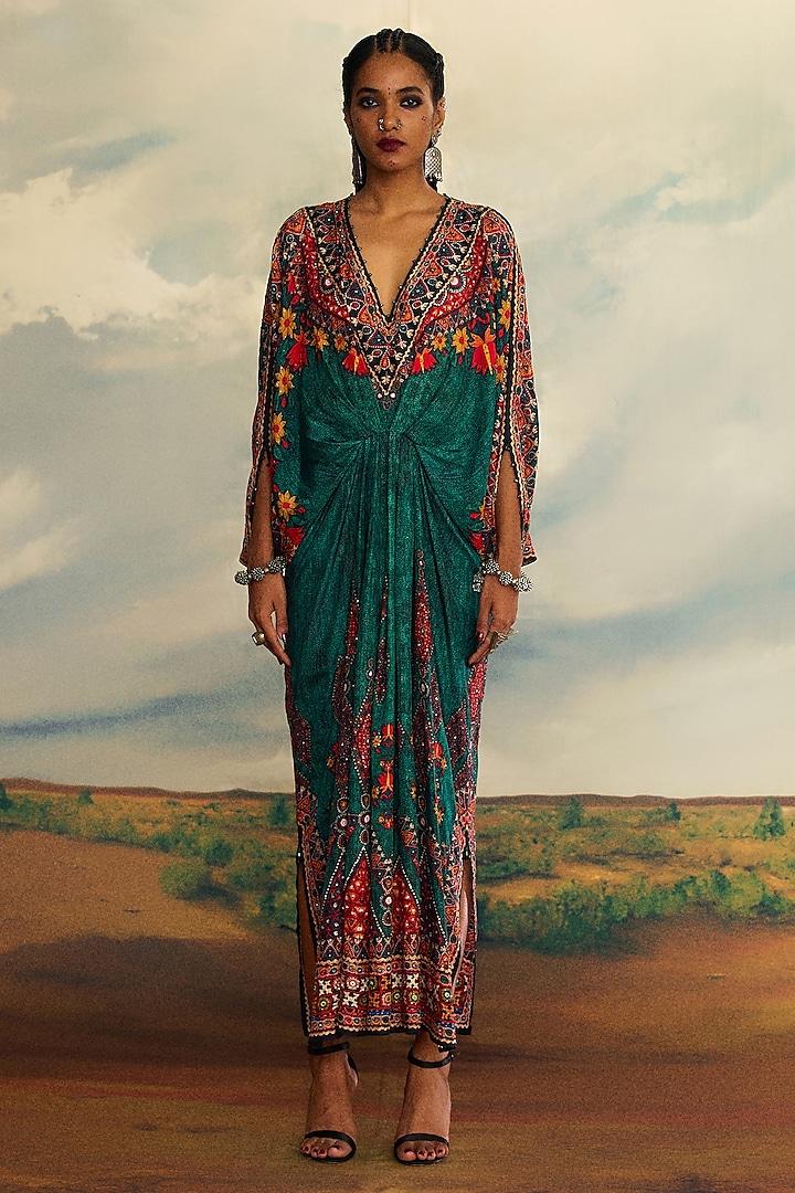 Teal Silk Printed Kaftan by Rajdeep Ranawat at Pernia's Pop Up Shop