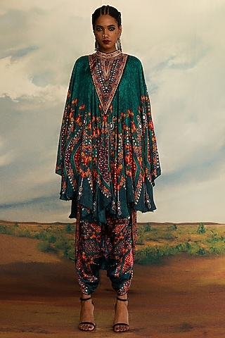 Teal Silk Printed Draped Circular Dress by Rajdeep Ranawat