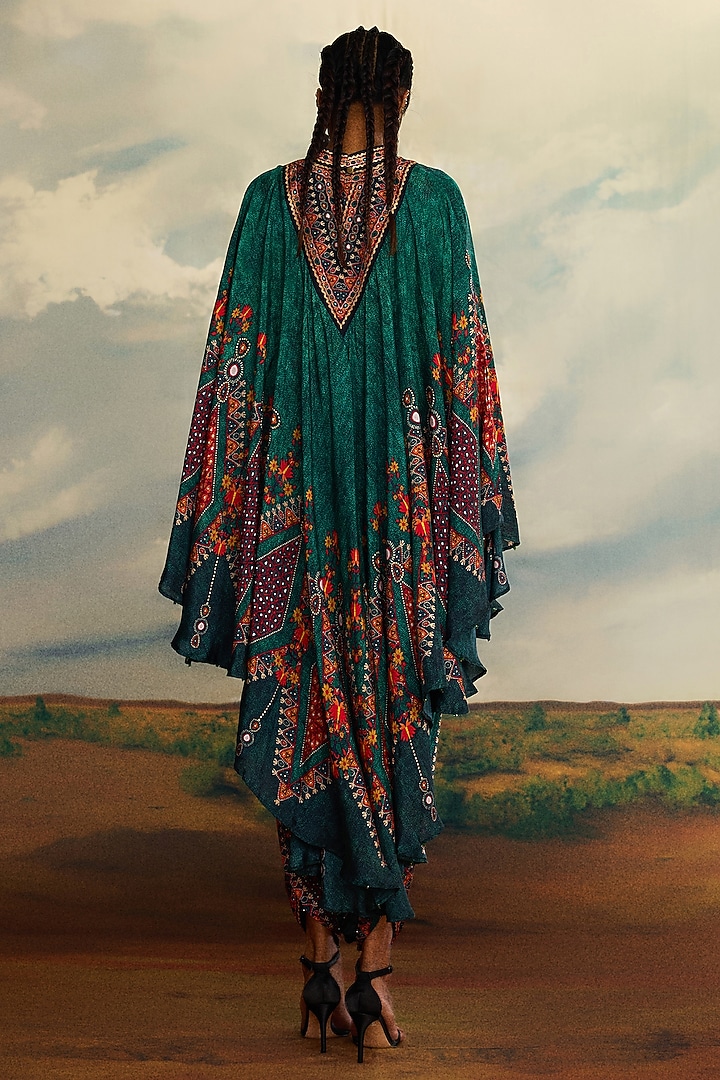 Teal Silk Printed Draped Circular Vacation Dress by Rajdeep Ranawat at Pernia's Pop Up Shop
