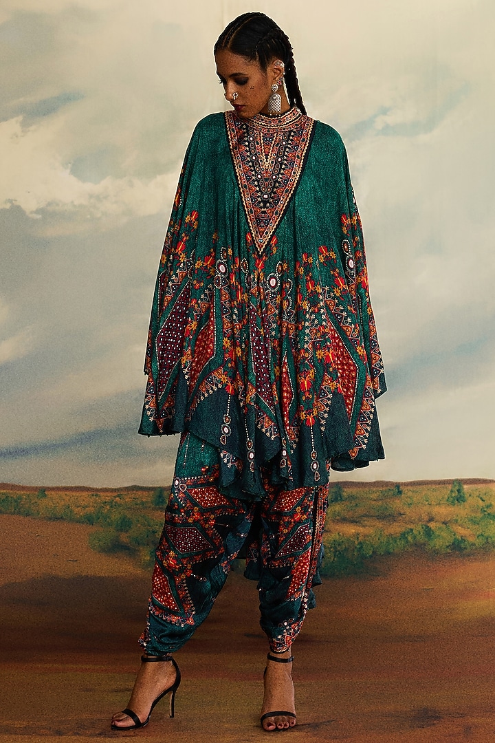 Teal Silk Printed Draped Circular Vacation Dress by Rajdeep Ranawat at Pernia's Pop Up Shop