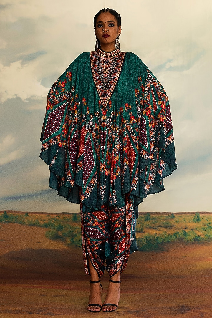 Teal Silk Printed Draped Circular Vacation Dress by Rajdeep Ranawat at Pernia's Pop Up Shop