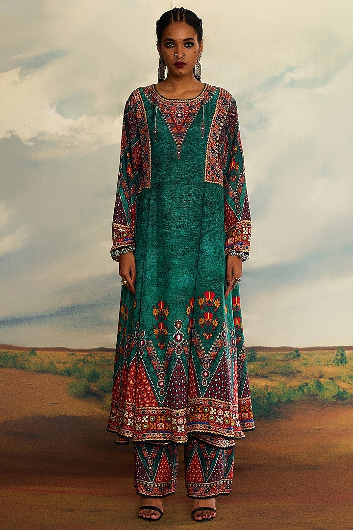 Teal Silk Printed Paneled Shirt Dress by Rajdeep Ranawat at Pernia's Pop Up Shop