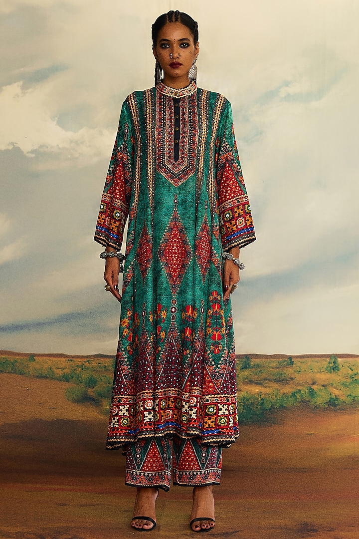 Teal Silk Printed Paneled Anarkali Tunic by Rajdeep Ranawat