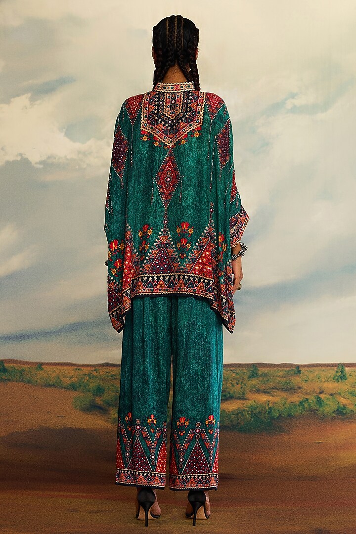 Teal Modal Satin Printed Palazzo Pants by Rajdeep Ranawat at Pernia's Pop Up Shop
