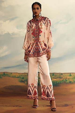 Beige Silk Printed Kurta by Rajdeep Ranawat
