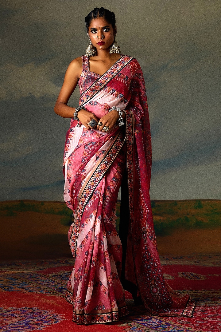 Vintage Rose Kota Silk Printed Wedding Saree Set by Rajdeep Ranawat at Pernia's Pop Up Shop