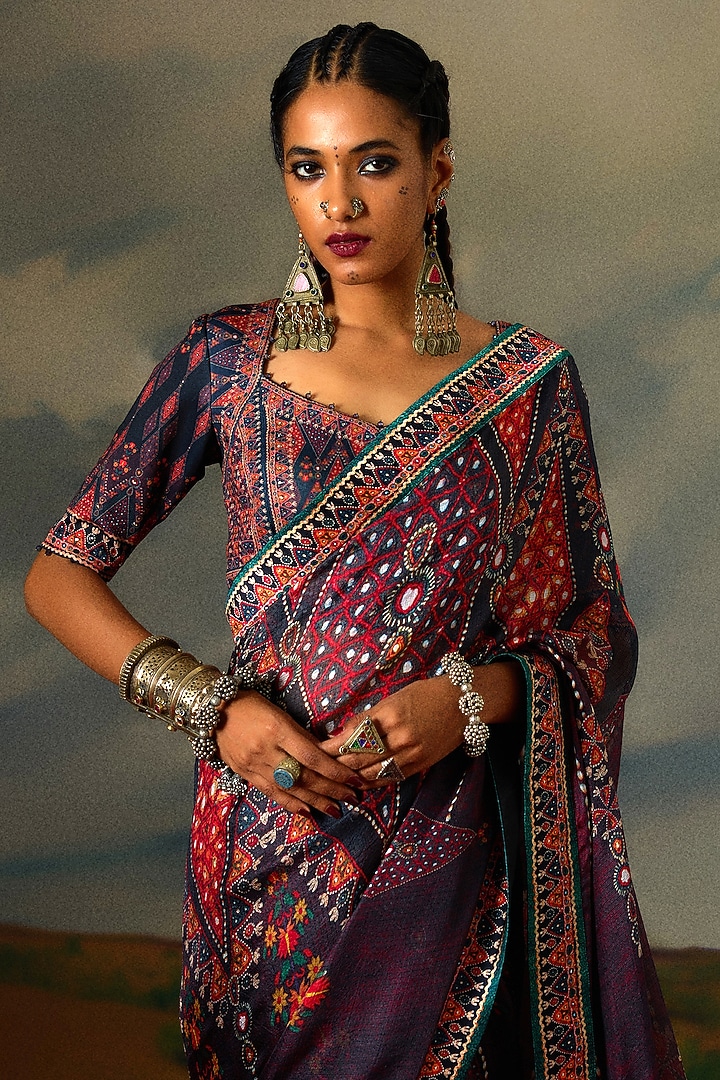 Charcoal Chanderi Silk Printed Wedding Saree Set by Rajdeep Ranawat at Pernia's Pop Up Shop