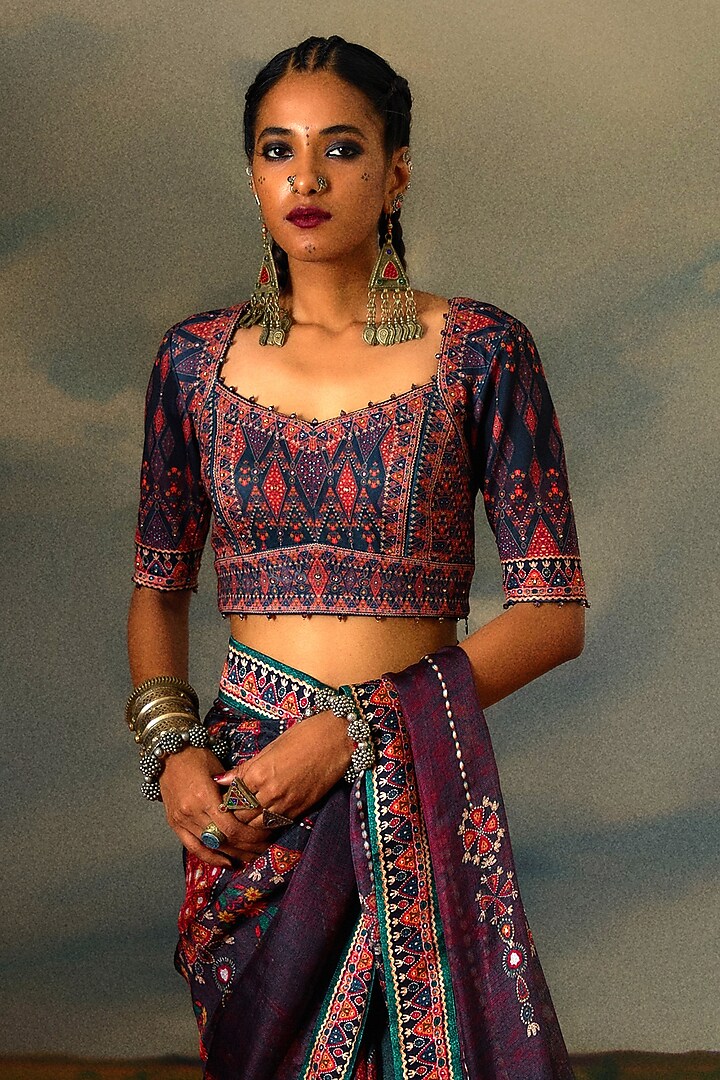 Charcoal Chanderi Silk Printed Wedding Saree Set by Rajdeep Ranawat at Pernia's Pop Up Shop