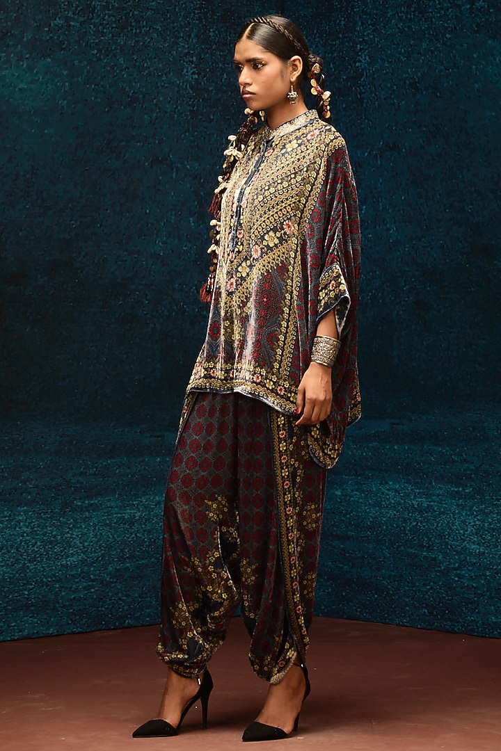 Blue & Maroon Silk Velvet Tunic by Rajdeep Ranawat at Pernia's Pop Up Shop
