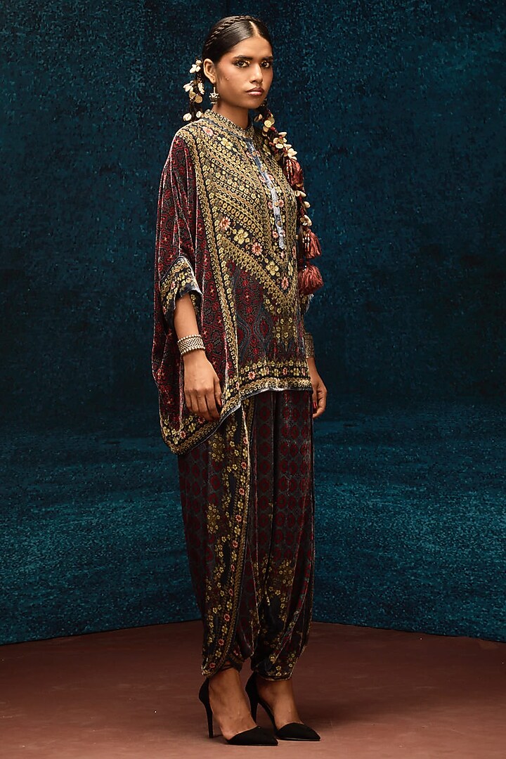 Blue & Maroon Silk Velvet Tunic by Rajdeep Ranawat at Pernia's Pop Up Shop