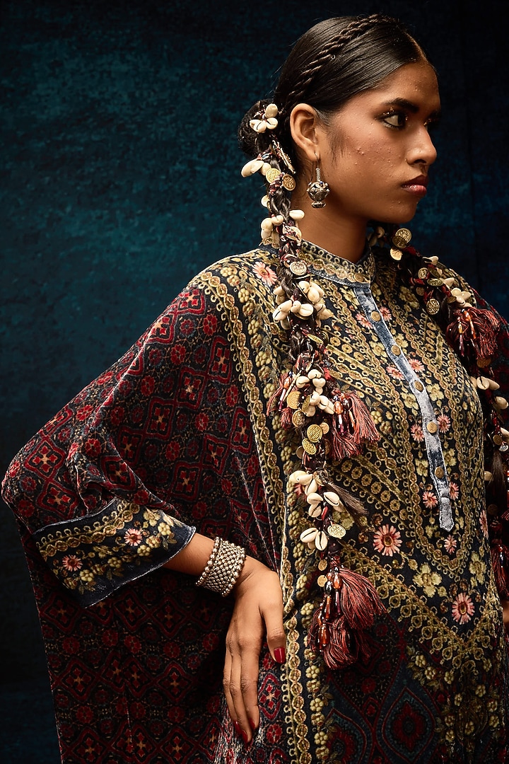 Blue & Maroon Silk Velvet Tunic by Rajdeep Ranawat at Pernia's Pop Up Shop