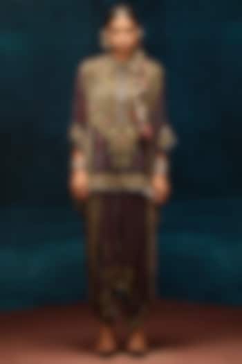 Blue & Maroon Silk Velvet Printed Dhoti Pants by Rajdeep Ranawat at Pernia's Pop Up Shop