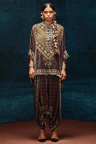 Blue & Maroon Silk Velvet Printed Dhoti Pants by Rajdeep Ranawat