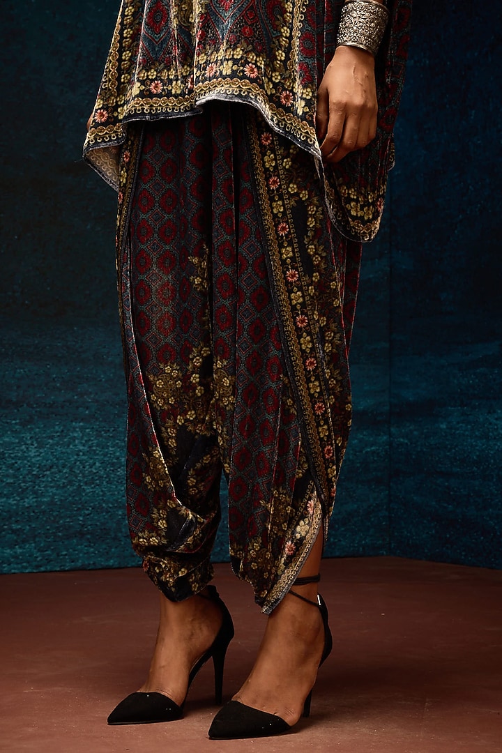 Blue & Maroon Silk Velvet Printed Dhoti Pants by Rajdeep Ranawat at Pernia's Pop Up Shop