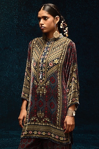 Blue & Maroon Silk Velvet Printed Short Kurta by Rajdeep Ranawat