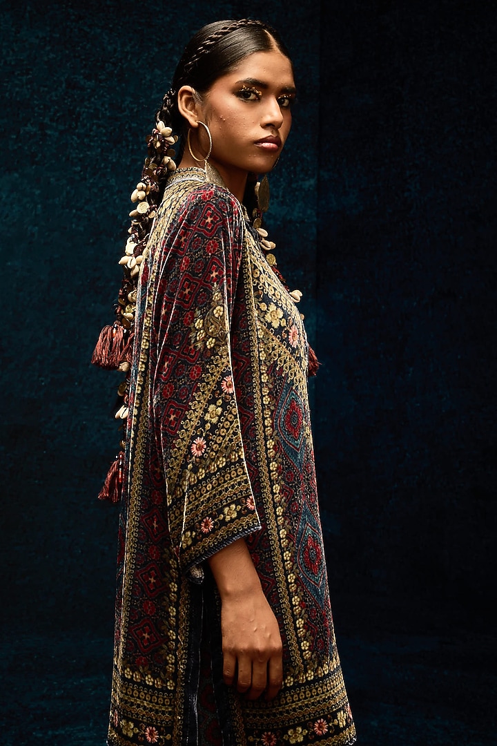 Blue & Maroon Silk Velvet Printed Short Kurta by Rajdeep Ranawat at Pernia's Pop Up Shop