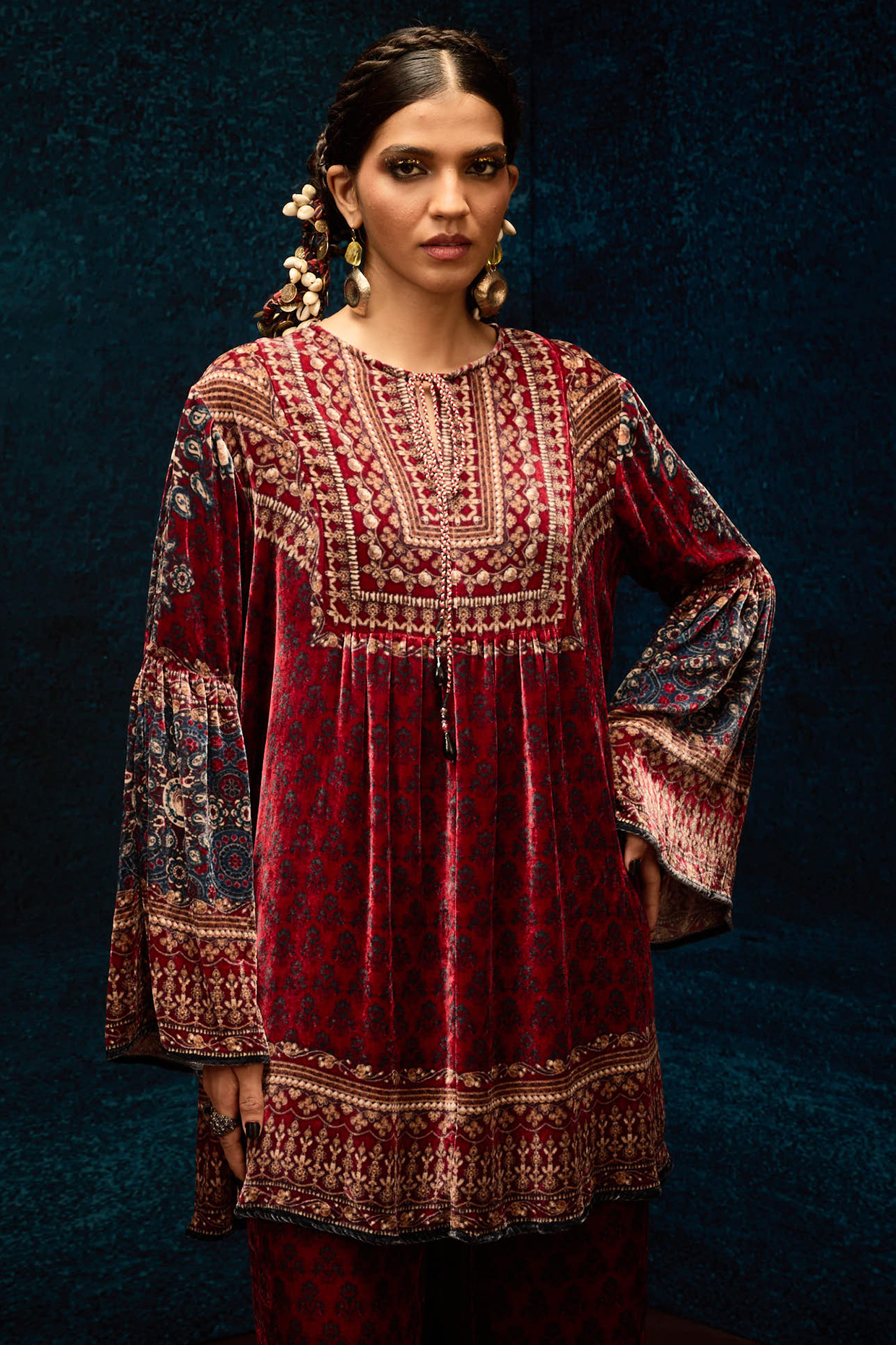 Maroon Silk Velvet Boho Top by Rajdeep Ranawat at Pernia's Pop Up Shop