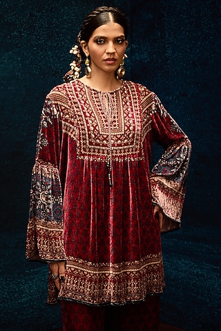 Maroon Silk Velvet Boho Top by Rajdeep Ranawat