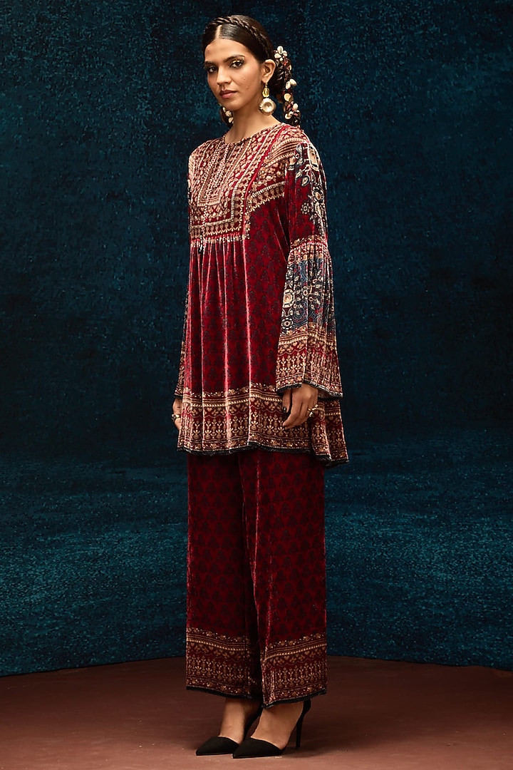 Maroon Silk Velvet Boho Top by Rajdeep Ranawat at Pernia's Pop Up Shop