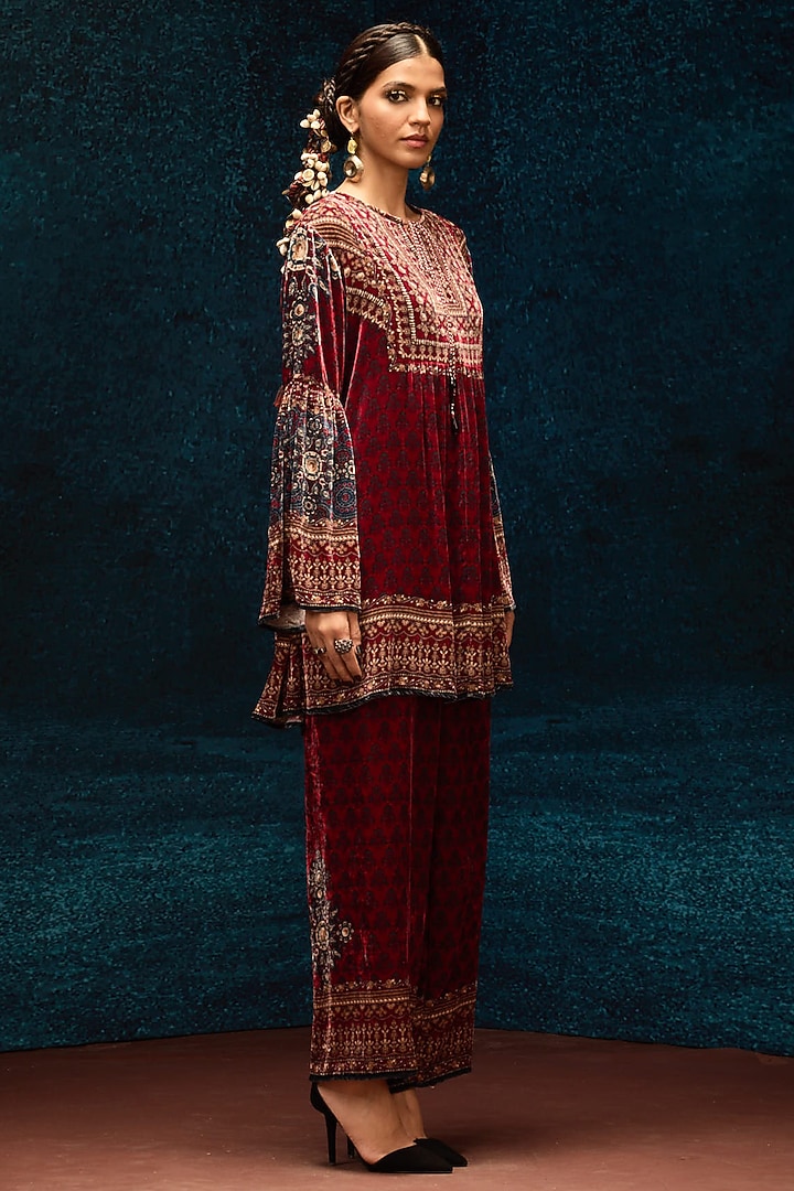 Maroon Silk Velvet Boho Top by Rajdeep Ranawat at Pernia's Pop Up Shop