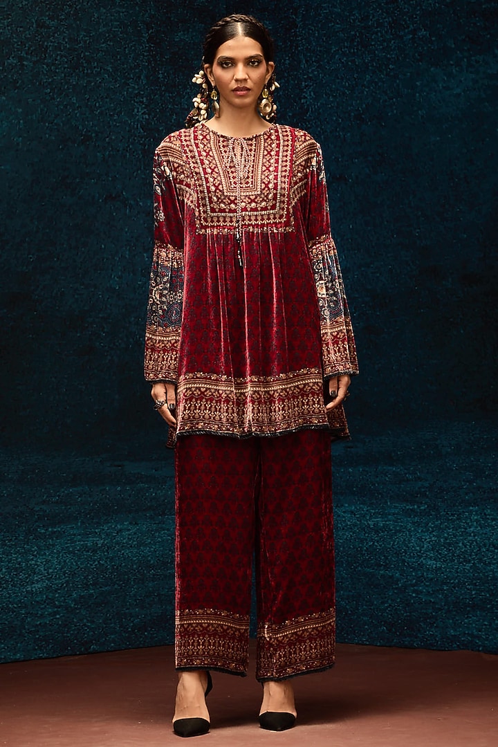 Maroon Silk Velvet Boho Top by Rajdeep Ranawat at Pernia's Pop Up Shop