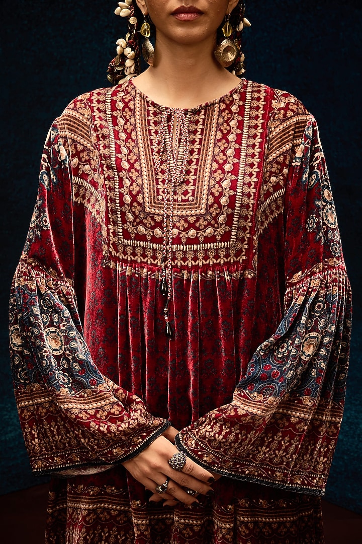 Maroon Silk Velvet Boho Top by Rajdeep Ranawat at Pernia's Pop Up Shop