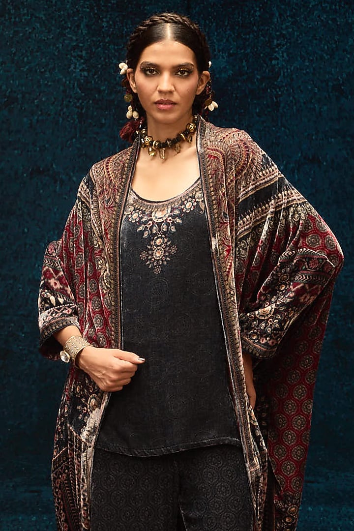 Multi-Colored Silk Velvet Draped Cover Up by Rajdeep Ranawat at Pernia's Pop Up Shop