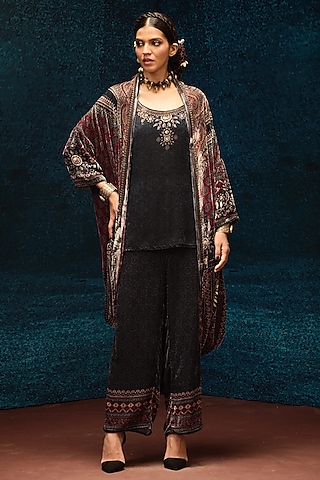 Black Silk Velvet Printed Camisole by Rajdeep Ranawat