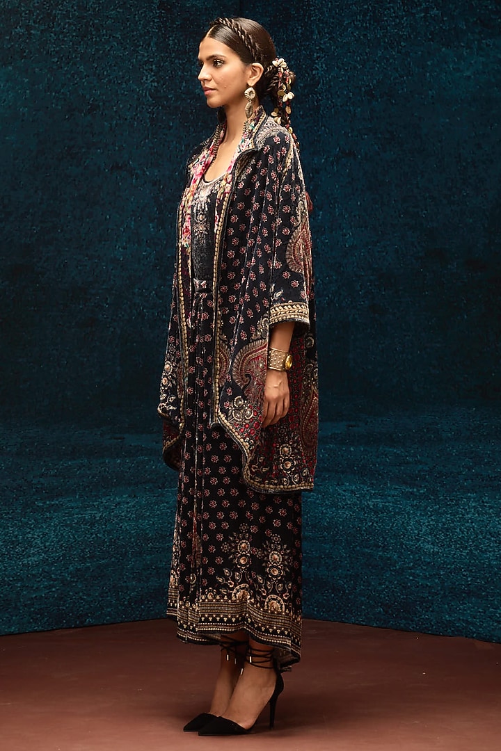 Black Silk Velvet Printed Reversible Jacket by Rajdeep Ranawat at Pernia's Pop Up Shop