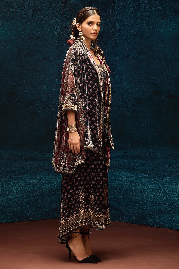Black Silk Velvet Printed Reversible Jacket by Rajdeep Ranawat at Pernia's Pop Up Shop