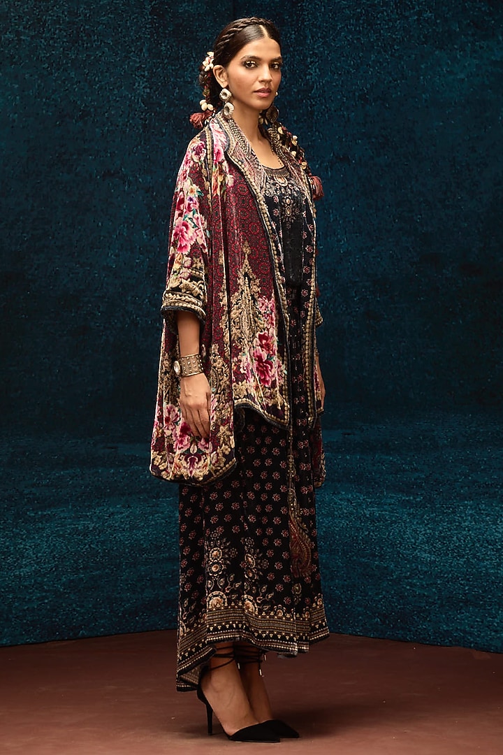 Maroon Silk Velvet Printed Reversible Jacket by Rajdeep Ranawat at Pernia's Pop Up Shop
