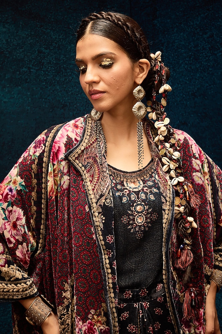 Maroon Silk Velvet Printed Reversible Jacket by Rajdeep Ranawat at Pernia's Pop Up Shop