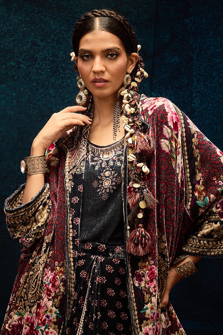 Maroon Silk Velvet Printed Reversible Jacket by Rajdeep Ranawat at Pernia's Pop Up Shop