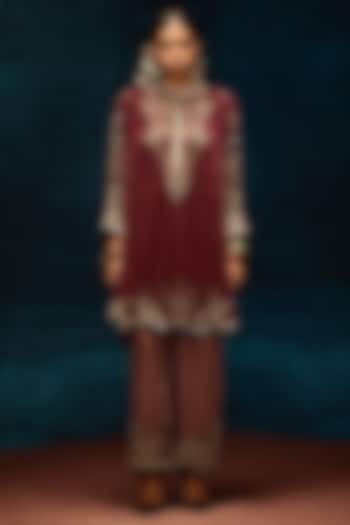Maroon Silk Velvet Shirt Kurta by Rajdeep Ranawat at Pernia's Pop Up Shop
