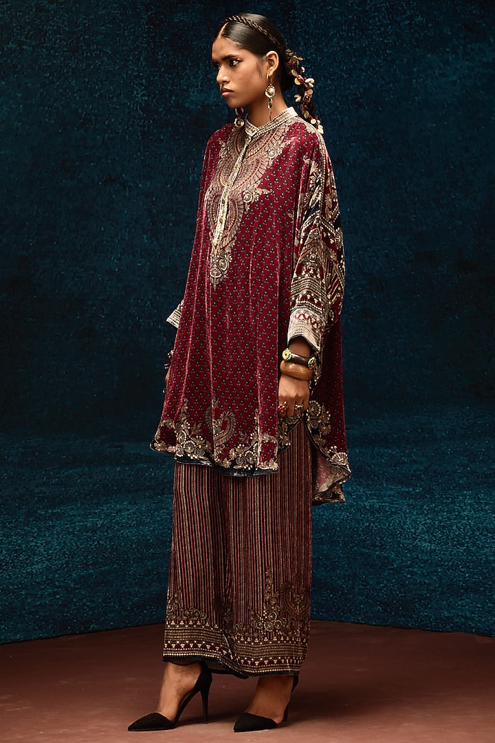 Maroon Silk Velvet Shirt Kurta by Rajdeep Ranawat at Pernia's Pop Up Shop