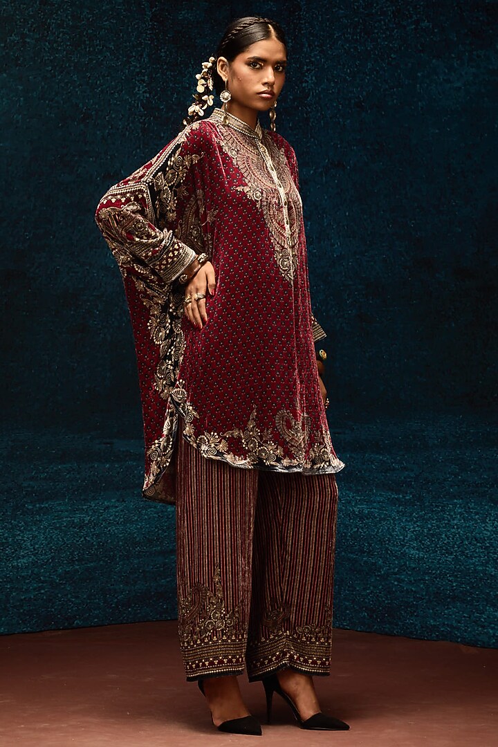 Maroon Silk Velvet Shirt Kurta by Rajdeep Ranawat at Pernia's Pop Up Shop