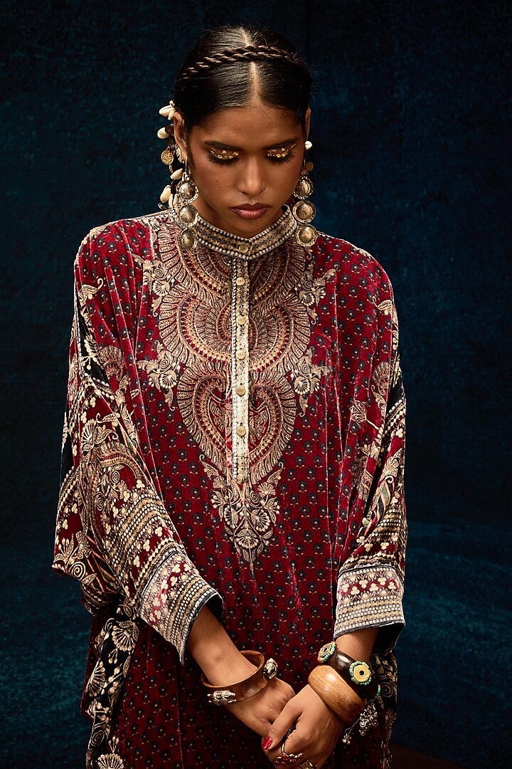 Maroon Silk Velvet Shirt Kurta by Rajdeep Ranawat at Pernia's Pop Up Shop