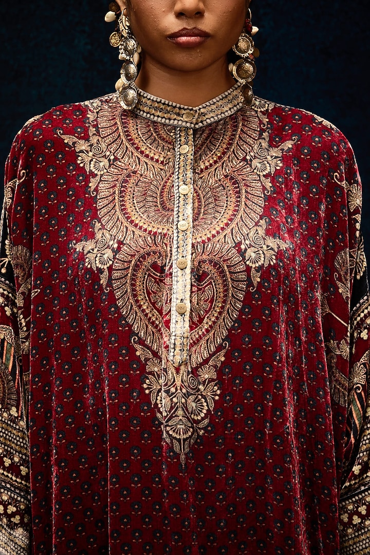 Maroon Silk Velvet Shirt Kurta by Rajdeep Ranawat at Pernia's Pop Up Shop