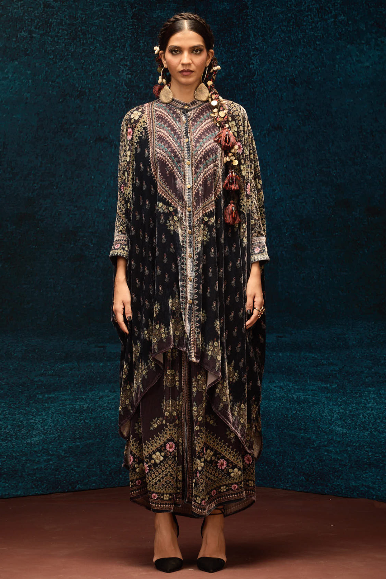 Black & Burgundy Silk Velvet Boxy Kaftan Tunic by Rajdeep Ranawat at Pernia's Pop Up Shop