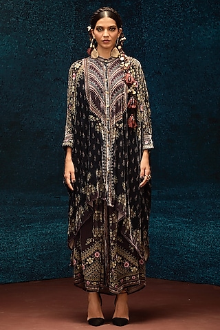 Black & Burgundy Silk Velvet Boxy Kaftan Tunic by Rajdeep Ranawat