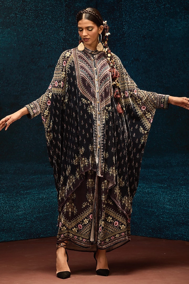 Black & Burgundy Silk Velvet Boxy Kaftan Tunic by Rajdeep Ranawat at Pernia's Pop Up Shop