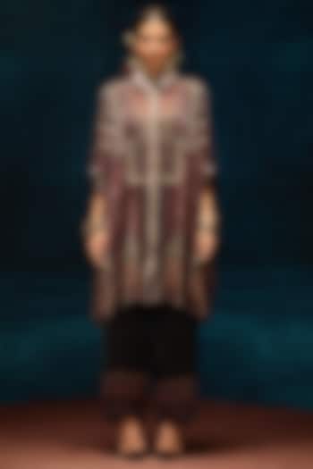 Maroon Silk Velvet Circular Gathered Shirt by Rajdeep Ranawat at Pernia's Pop Up Shop