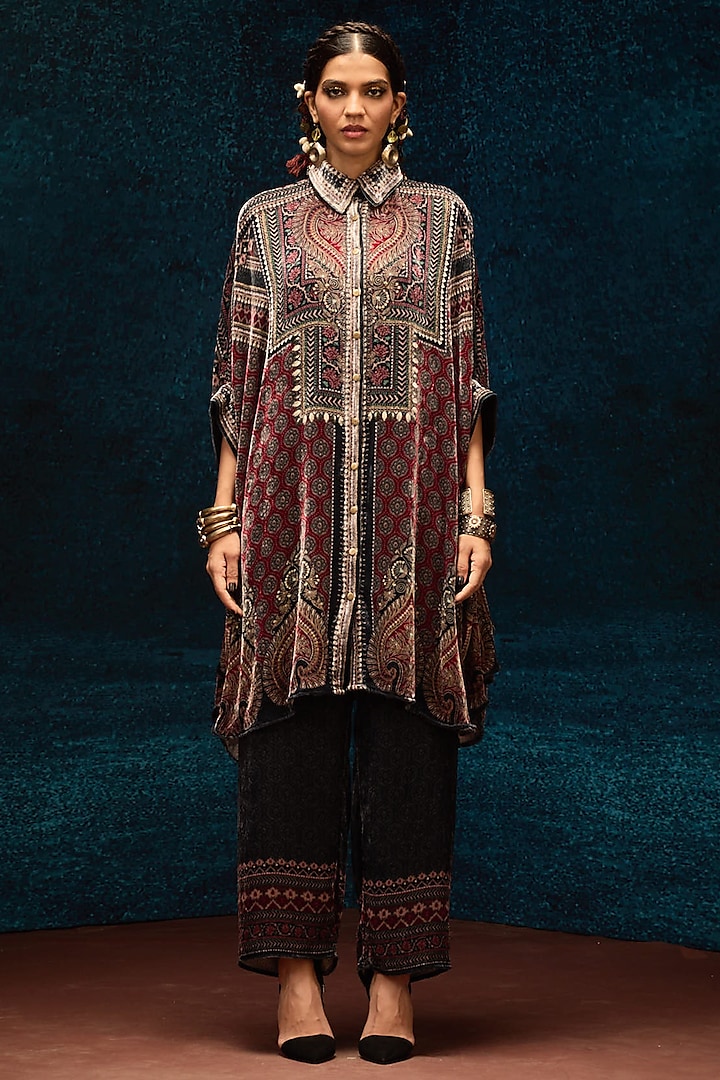 Maroon Silk Velvet Circular Gathered Shirt by Rajdeep Ranawat at Pernia's Pop Up Shop