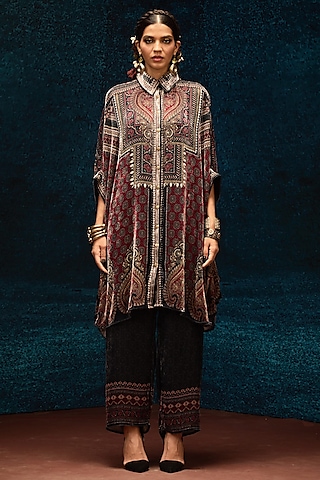 Maroon Silk Velvet Circular Gathered Shirt by Rajdeep Ranawat
