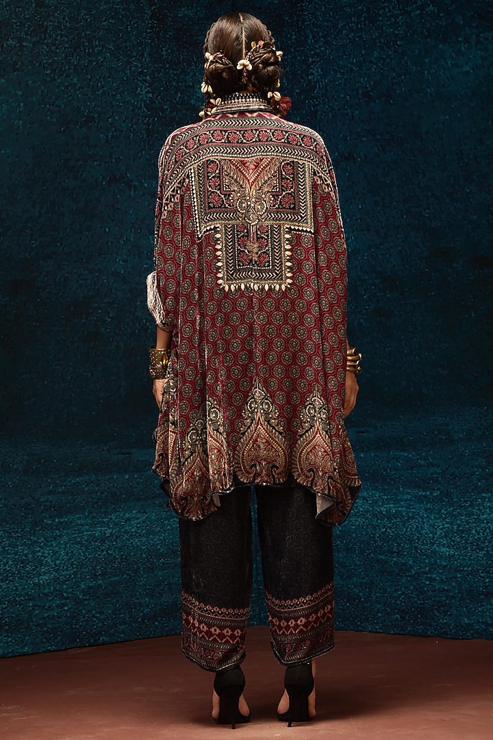 Maroon Silk Velvet Circular Gathered Shirt by Rajdeep Ranawat at Pernia's Pop Up Shop