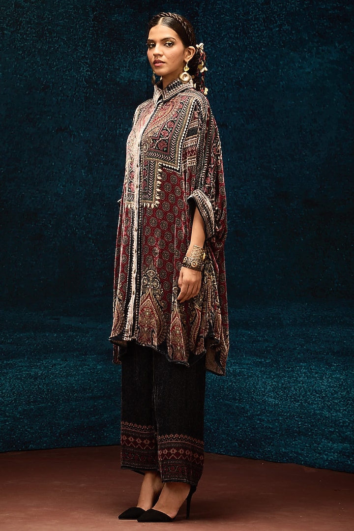 Maroon Silk Velvet Circular Gathered Shirt by Rajdeep Ranawat at Pernia's Pop Up Shop