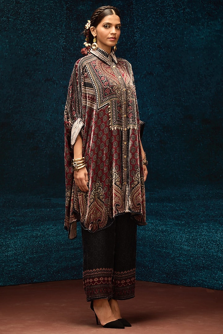 Maroon Silk Velvet Circular Gathered Shirt by Rajdeep Ranawat at Pernia's Pop Up Shop
